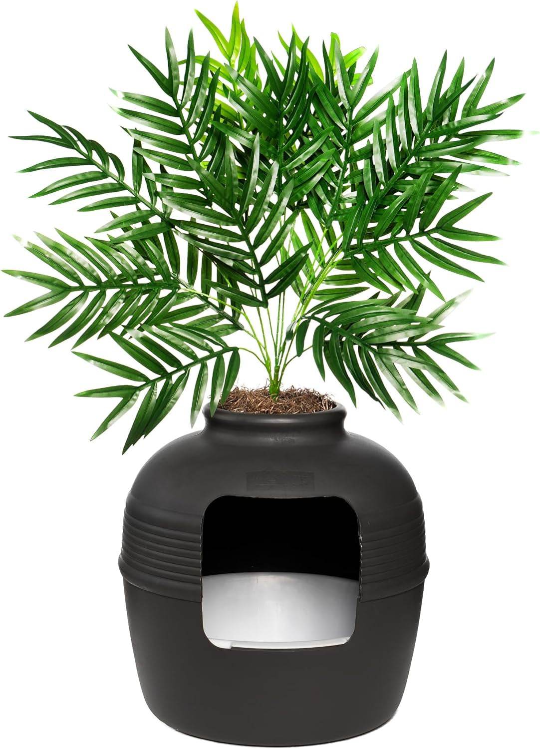Hidden Litter Box & Reusable Liner Essentials Kit, round Enclosed Cat Planter Furniture, Fake Plant, Hooded Vented Carbon Filter System for Odor Control, Easy to Clean, Black Suede