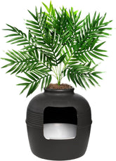 Hidden Litter Box & Reusable Liner Essentials Kit, round Enclosed Cat Planter Furniture, Fake Plant, Hooded Vented Carbon Filter System for Odor Control, Easy to Clean, Black Suede