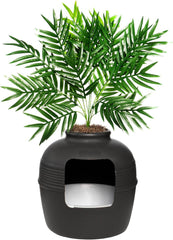 Hidden Litter Box & Reusable Liner Essentials Kit, round Enclosed Cat Planter Furniture, Fake Plant, Hooded Vented Carbon Filter System for Odor Control, Easy to Clean, Black Suede