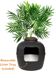Hidden Litter Box & Reusable Liner Essentials Kit, round Enclosed Cat Planter Furniture, Fake Plant, Hooded Vented Carbon Filter System for Odor Control, Easy to Clean, Black Suede