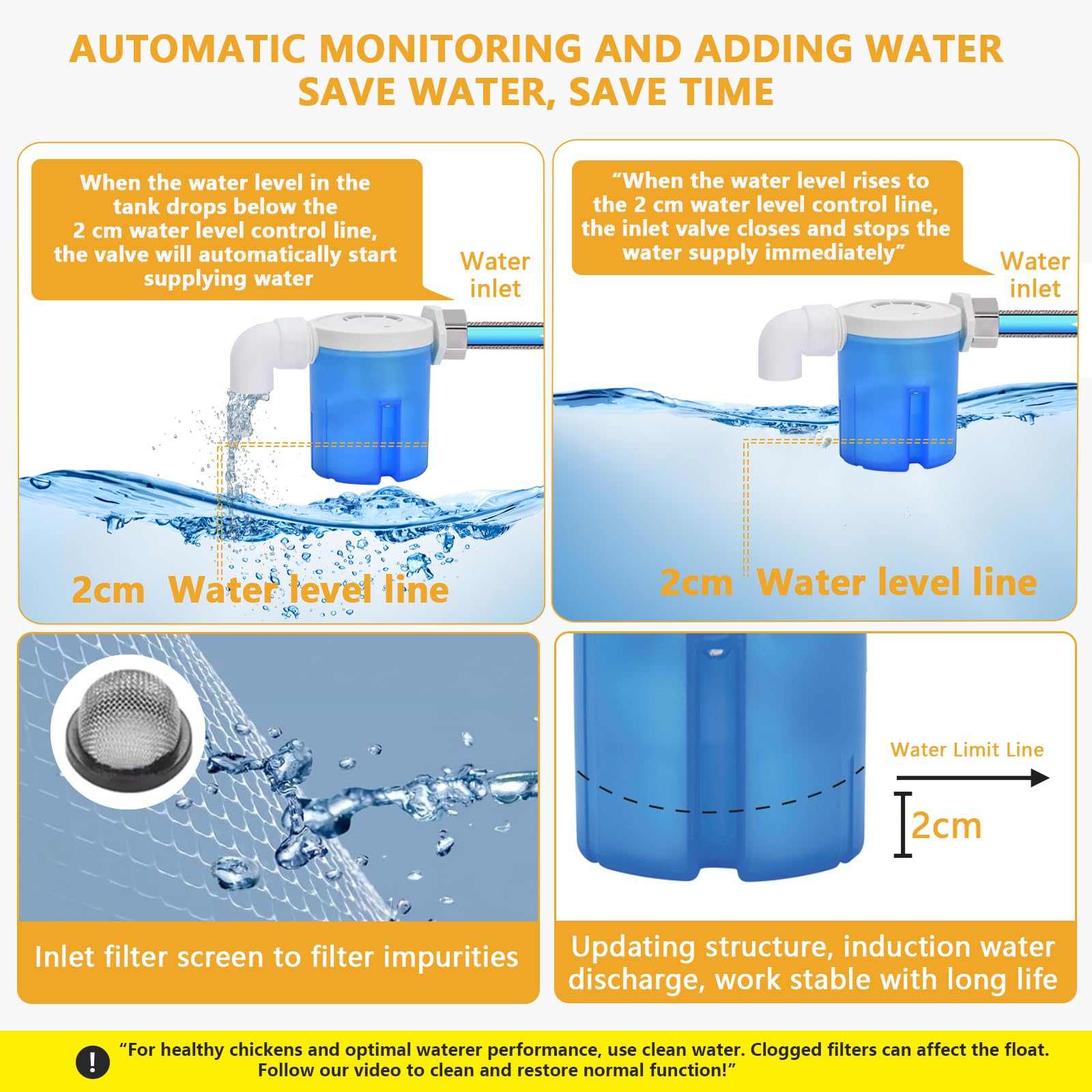 Lilyang Float-Controlled Automatic Chicken Waterer for Continuous Fresh Water, Self Filling Chicken Waterer with 60 Inch Water Hose (One End 3/4''), Suitable for Quail Duck Turkey Lilyang