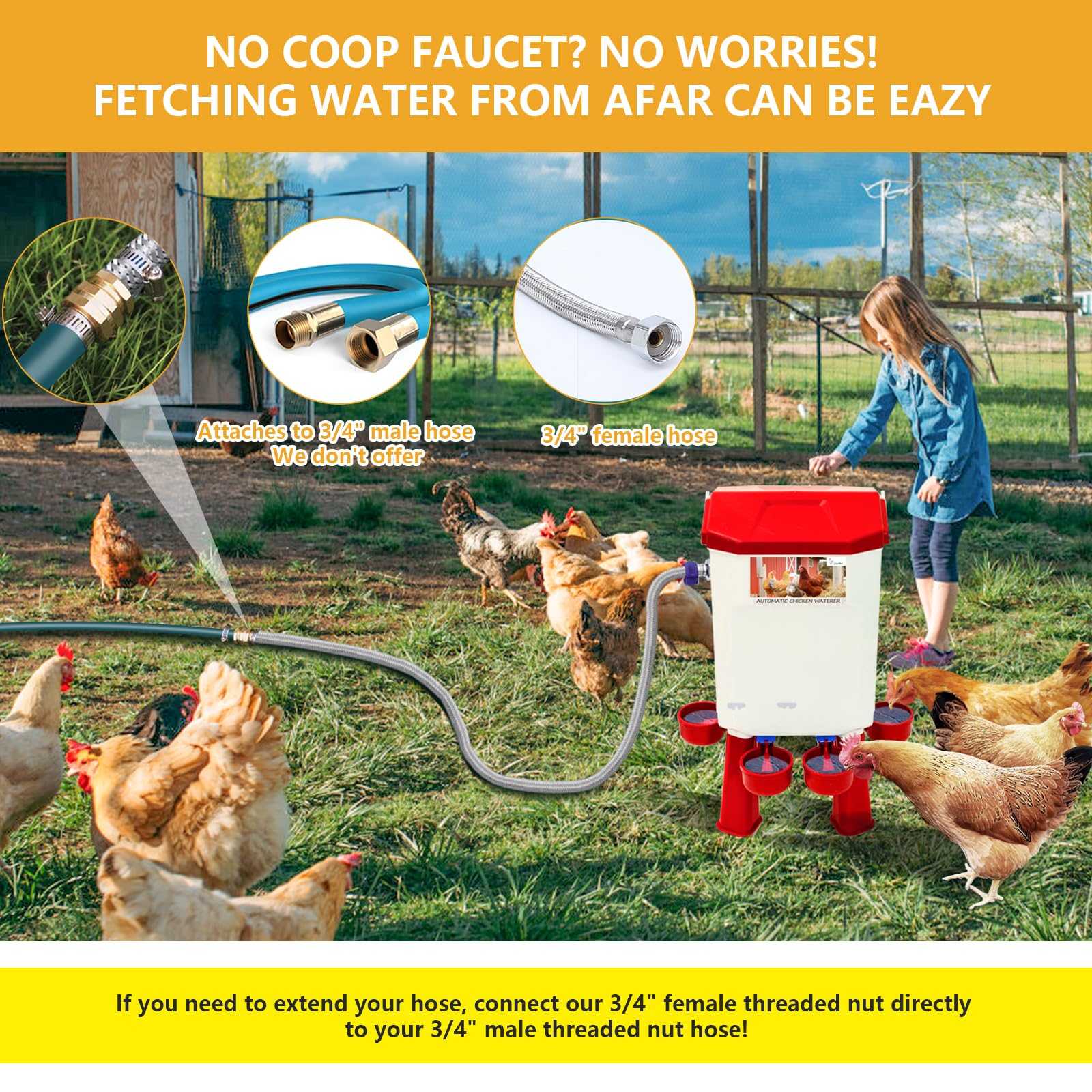 Lilyang Float-Controlled Automatic Chicken Waterer for Continuous Fresh Water, Self Filling Chicken Waterer with 60 Inch Water Hose (One End 3/4''), Suitable for Quail Duck Turkey Lilyang