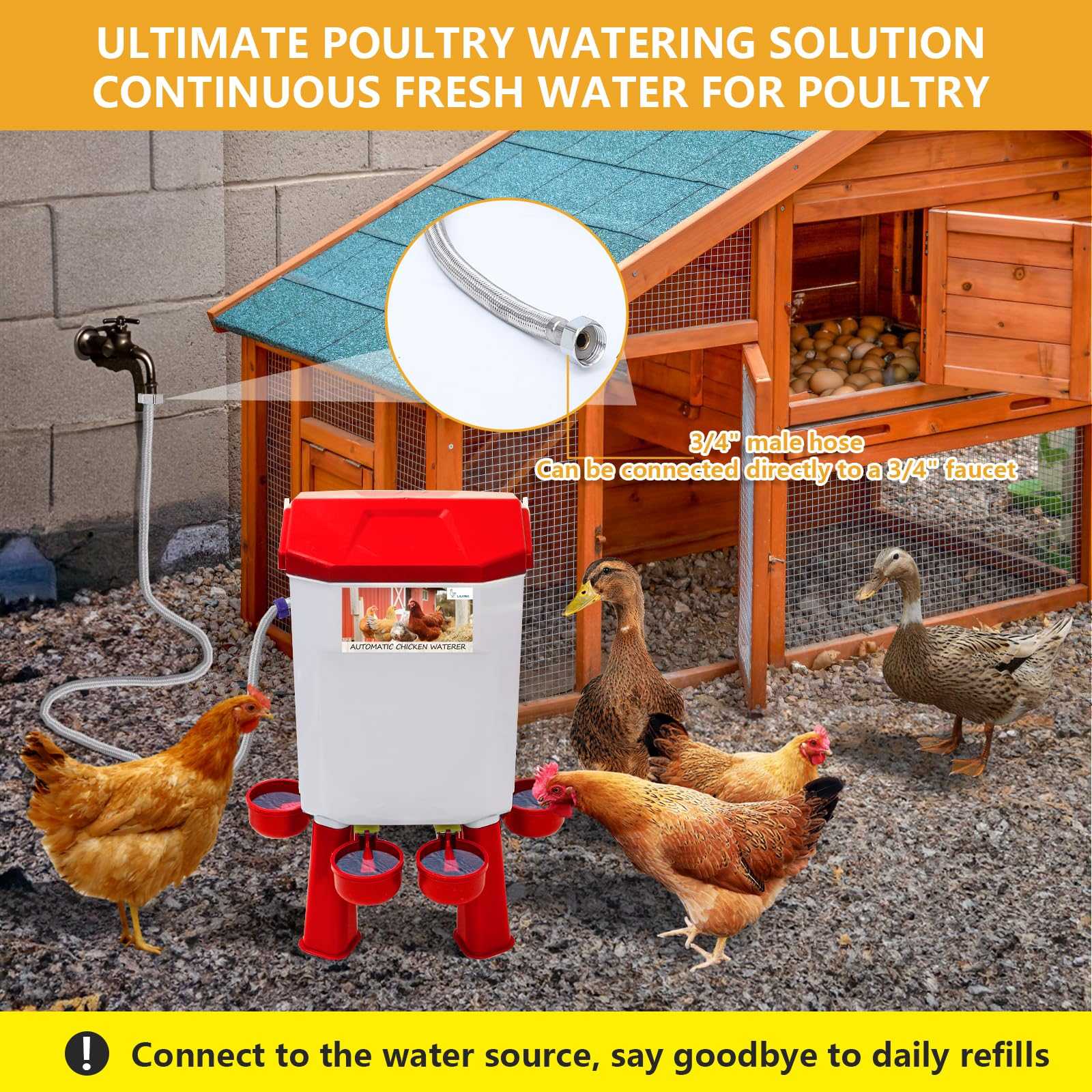 Lilyang Float-Controlled Automatic Chicken Waterer for Continuous Fresh Water, Self Filling Chicken Waterer with 60 Inch Water Hose (One End 3/4''), Suitable for Quail Duck Turkey Lilyang