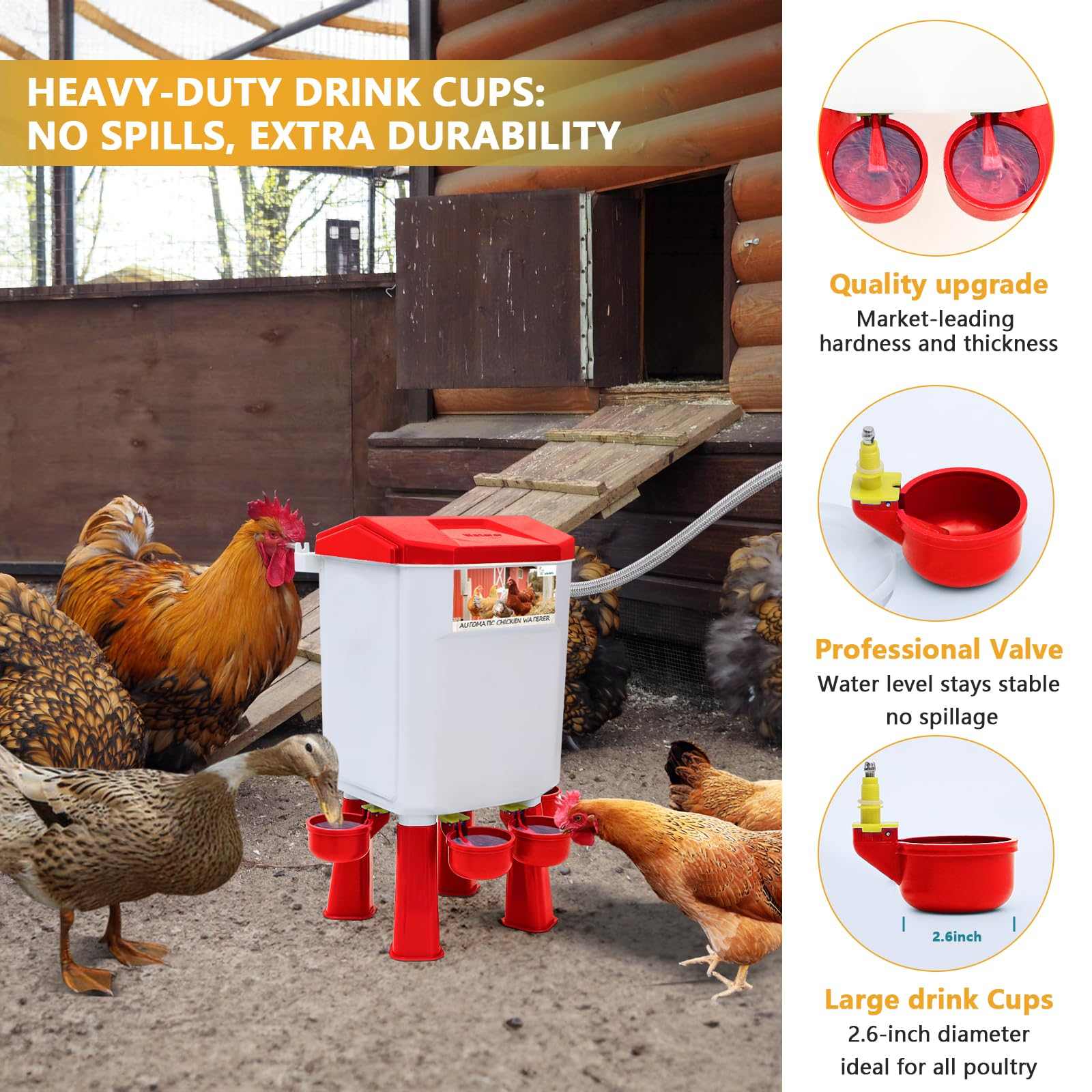 Lilyang Float-Controlled Automatic Chicken Waterer for Continuous Fresh Water, Self Filling Chicken Waterer with 60 Inch Water Hose (One End 3/4''), Suitable for Quail Duck Turkey Lilyang