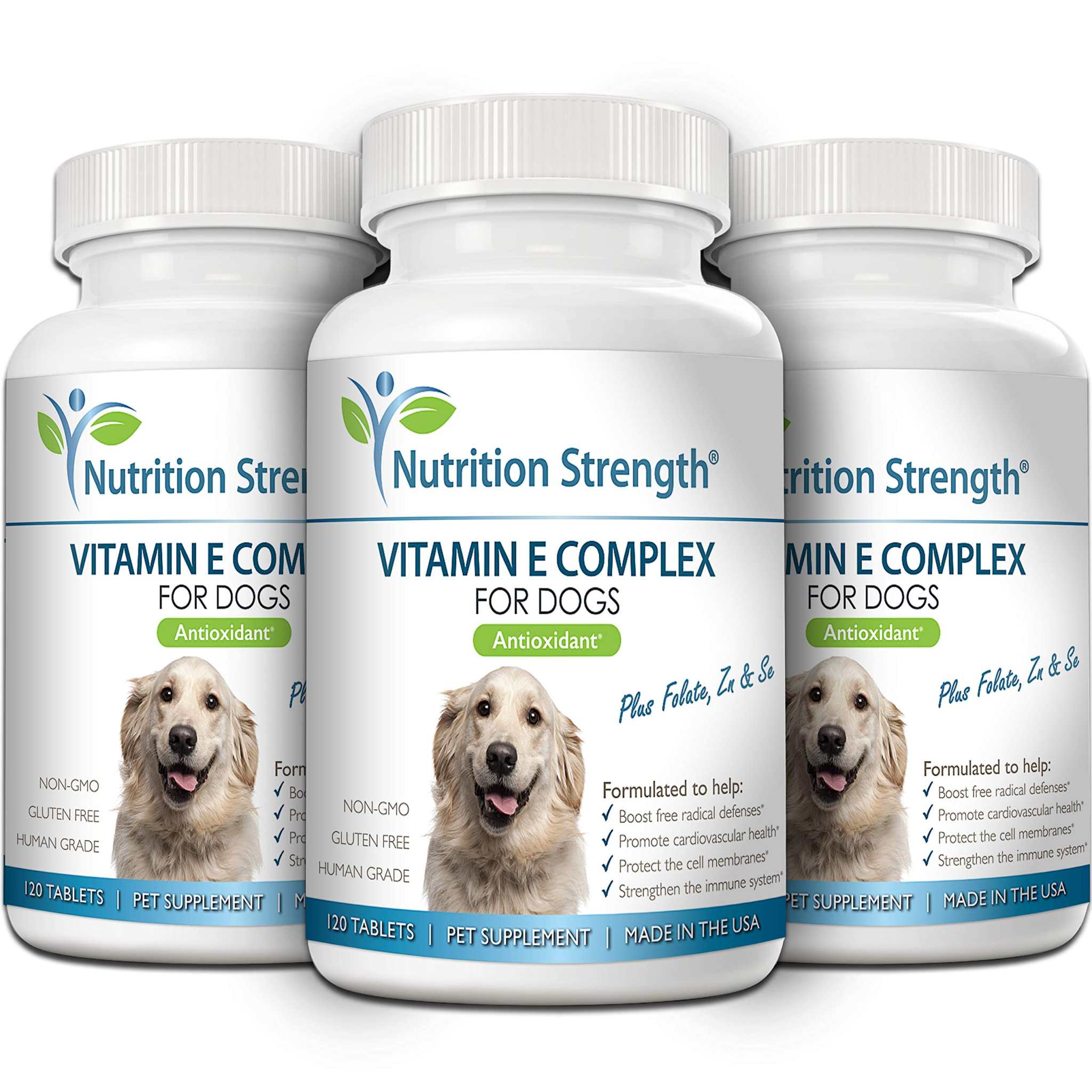 Nutrition Strength Vitamin E for Dogs, Promote Cardiovascular Health, Support Cell Membranes, Vitamin E Complex to Boost Dog Immune System Plus Zinc, Selenium, Folate, Salmon Oil, 120 Chewable Tablets Nutrition Strength