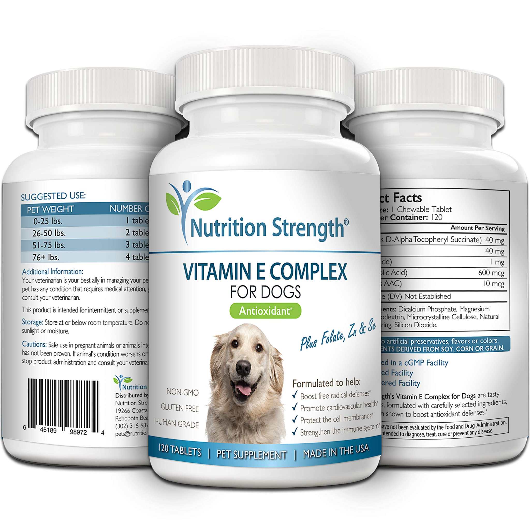 Nutrition Strength Vitamin E for Dogs, Promote Cardiovascular Health, Support Cell Membranes, Vitamin E Complex to Boost Dog Immune System Plus Zinc, Selenium, Folate, Salmon Oil, 120 Chewable Tablets Nutrition Strength