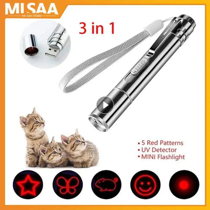 Laser Pointer USB Rechargeable Pen 3 in 1 Cat Dog Pet Toy Red UV Flashlight LED 4Mw Laser Pointer Funny Cat Pen Pet Supplies