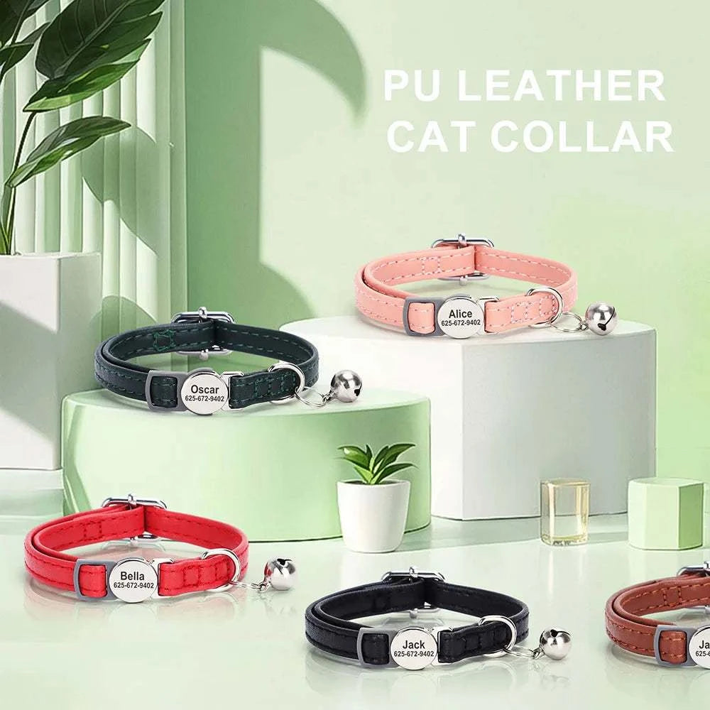 Custom Cat Collar PU Leather Cats Collars Necklace Safety Breakaway Pet Kitten Puppy Collars Anti-Lost for Cats Free Engraved