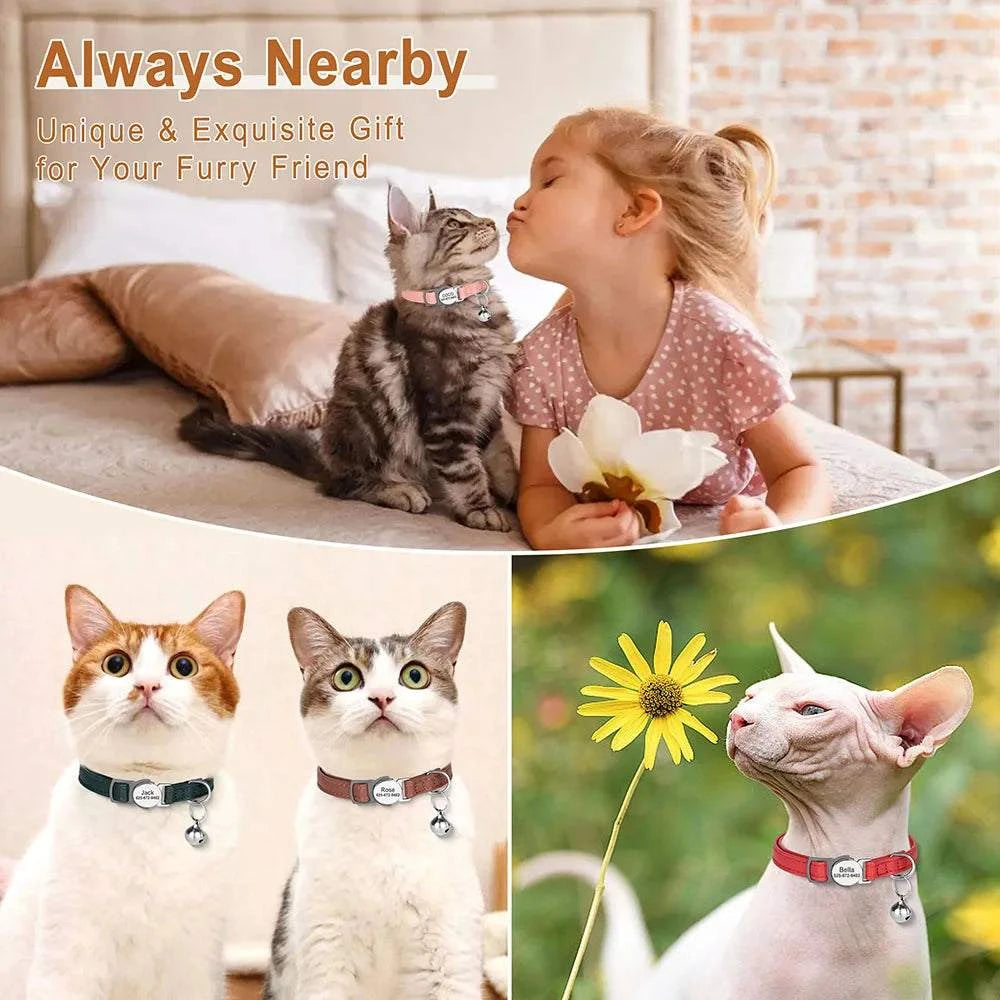 Custom Cat Collar PU Leather Cats Collars Necklace Safety Breakaway Pet Kitten Puppy Collars Anti-Lost for Cats Free Engraved