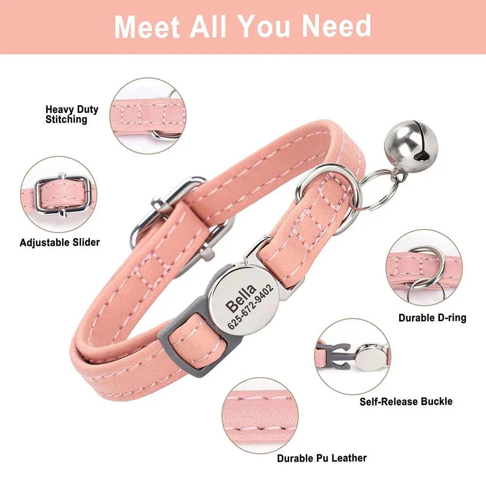 Custom Cat Collar PU Leather Cats Collars Necklace Safety Breakaway Pet Kitten Puppy Collars Anti-Lost for Cats Free Engraved