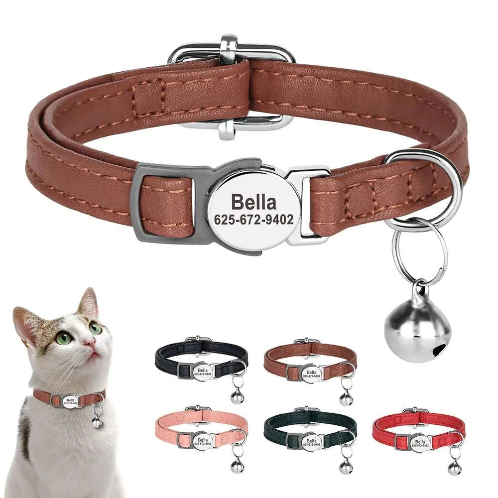 Custom Cat Collar PU Leather Cats Collars Necklace Safety Breakaway Pet Kitten Puppy Collars Anti-Lost for Cats Free Engraved