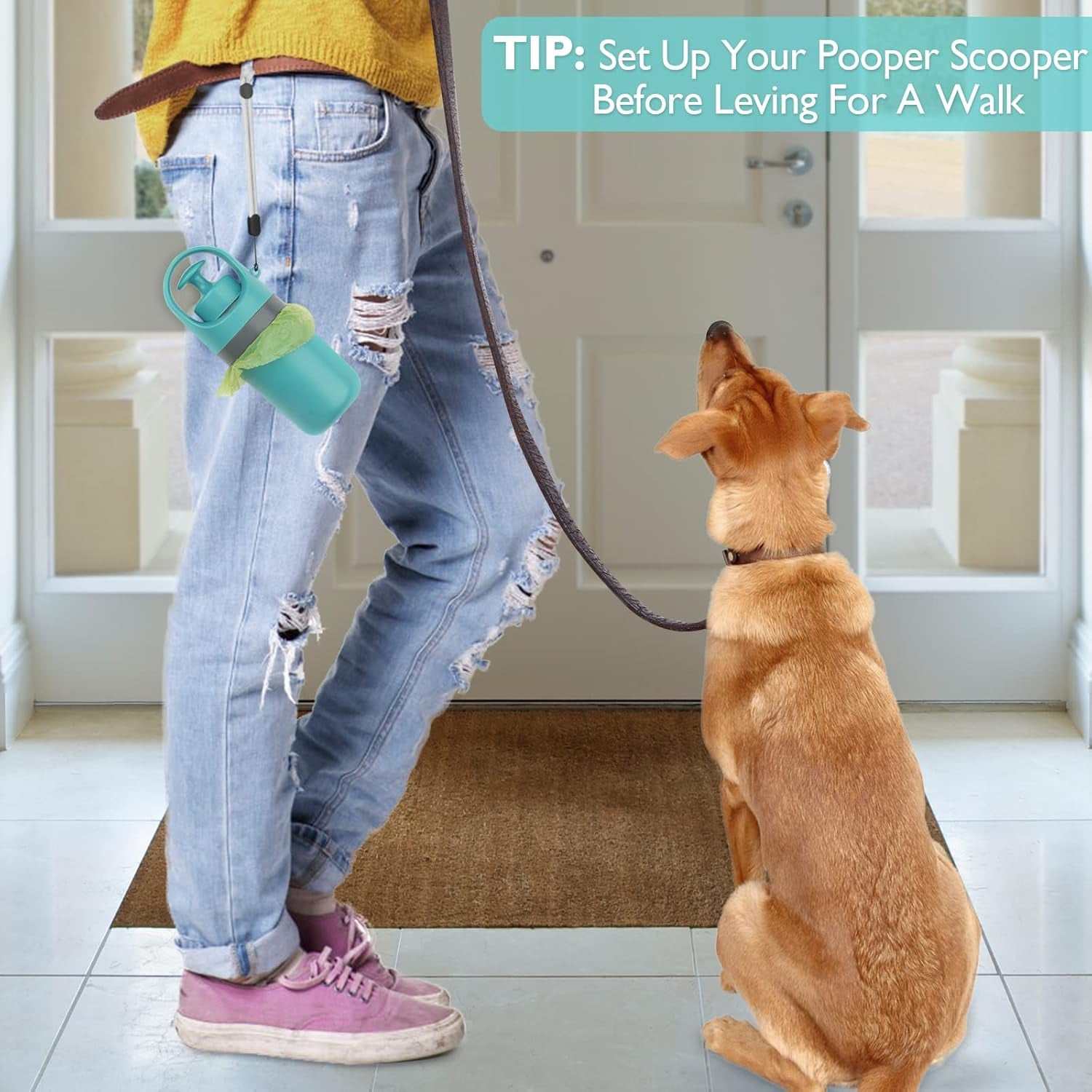 Portable Dog Poop Scooper, Sanitary Dog Waste Picker Upper with Bag Dispenser, Convenient Pet Waste Cleaner for Dog Walkers, Attachable to Dog Leash, Harness or Waist, with 15 Bags Attachment