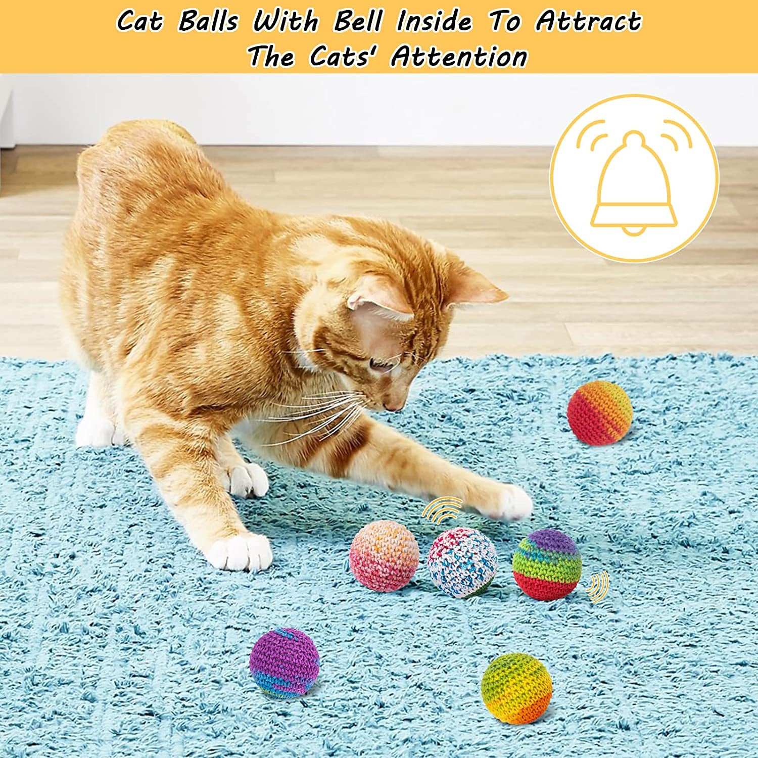 Cat Toys Balls, Woolen Yarn Cat Ball Toy with Bell Inside, Cat Toys for Indoor Cats, Interactive Cat Chew Toys for Kitty Kitten, 6 Pack