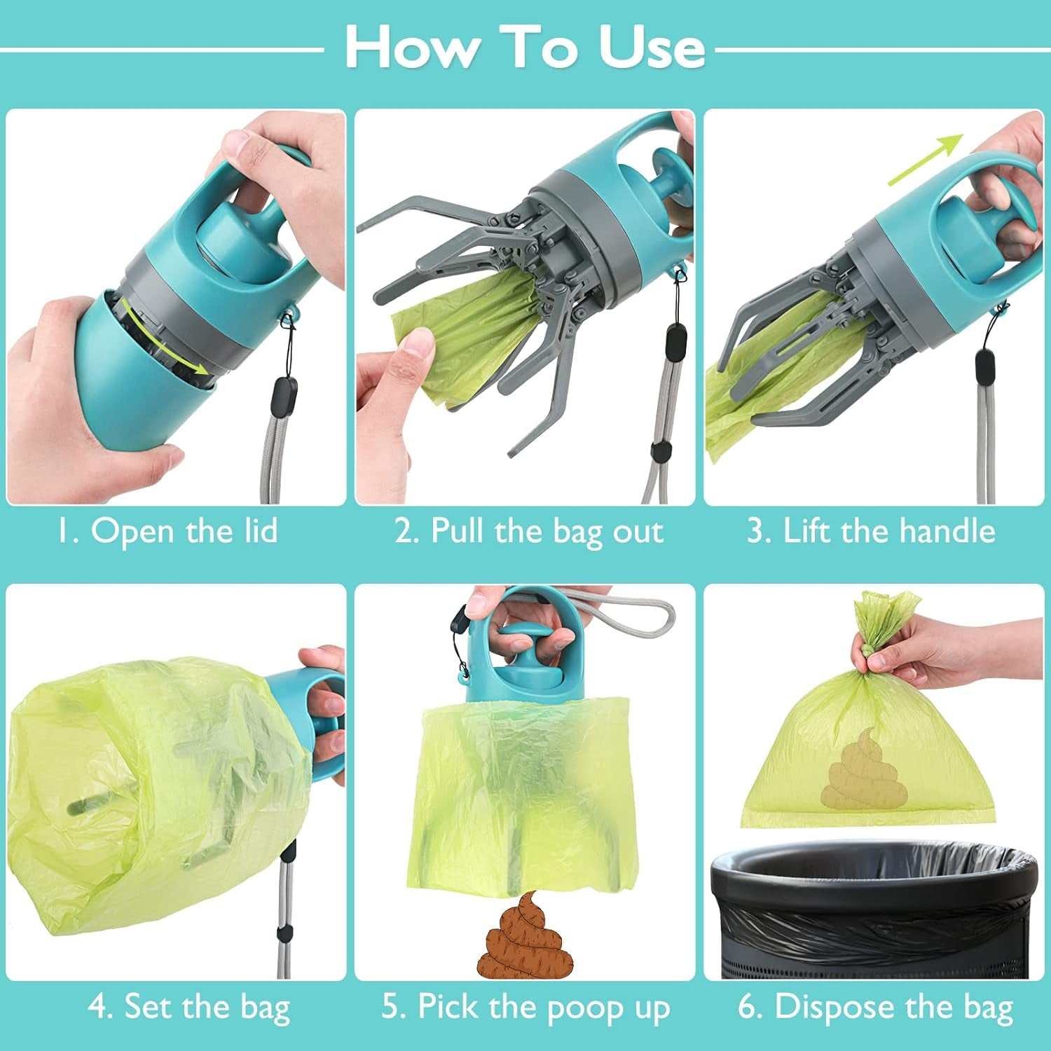 Portable Dog Poop Scooper, Sanitary Dog Waste Picker Upper with Bag Dispenser, Convenient Pet Waste Cleaner for Dog Walkers, Attachable to Dog Leash, Harness or Waist, with 15 Bags Attachment