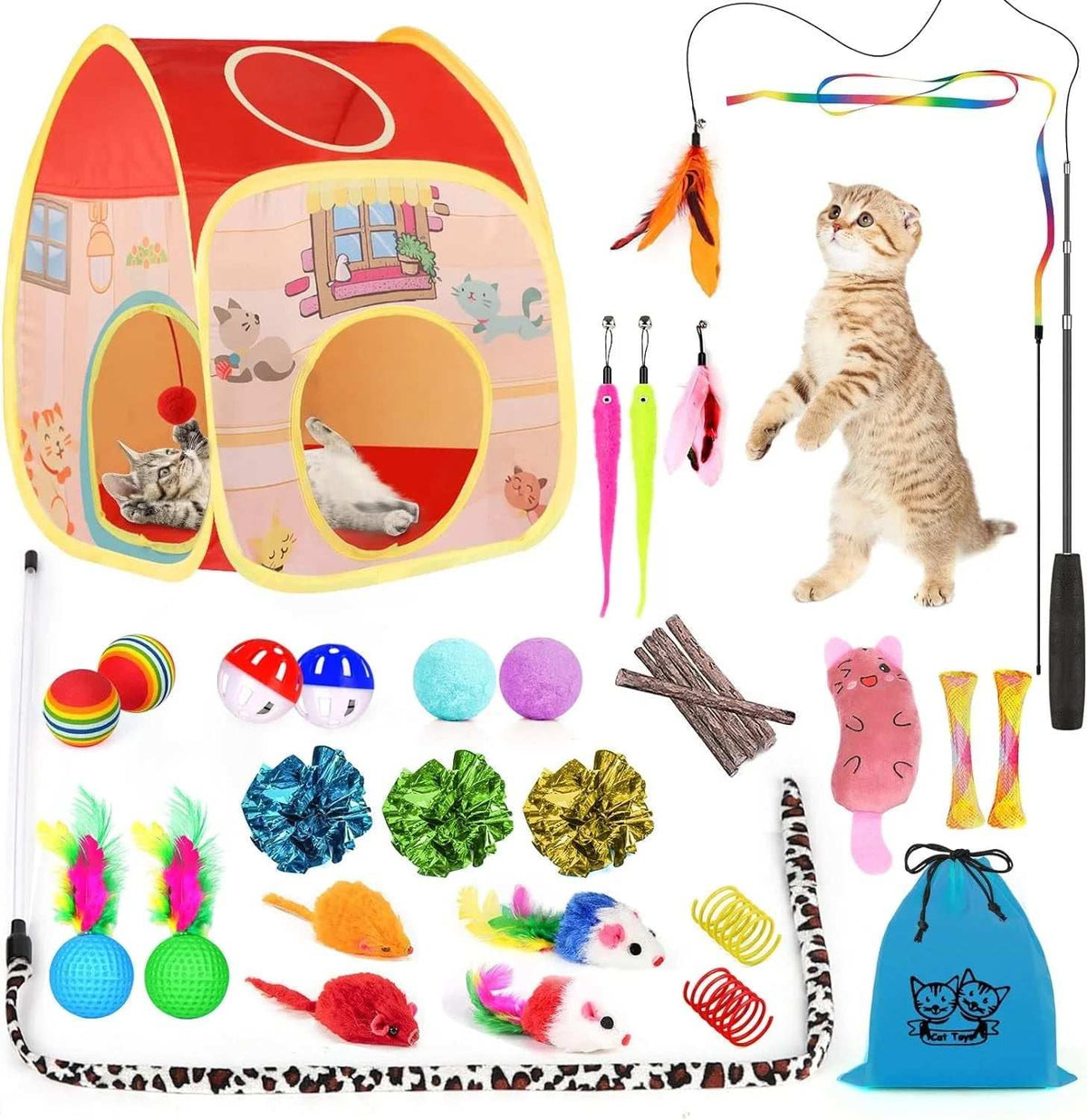 34-Piece Interactive Cat Toy Set with Collapsible Tunnels, Catnip Feather Teaser Wand, and More