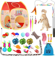 34-Piece Interactive Cat Toy Set with Collapsible Tunnels, Catnip Feather Teaser Wand, and More